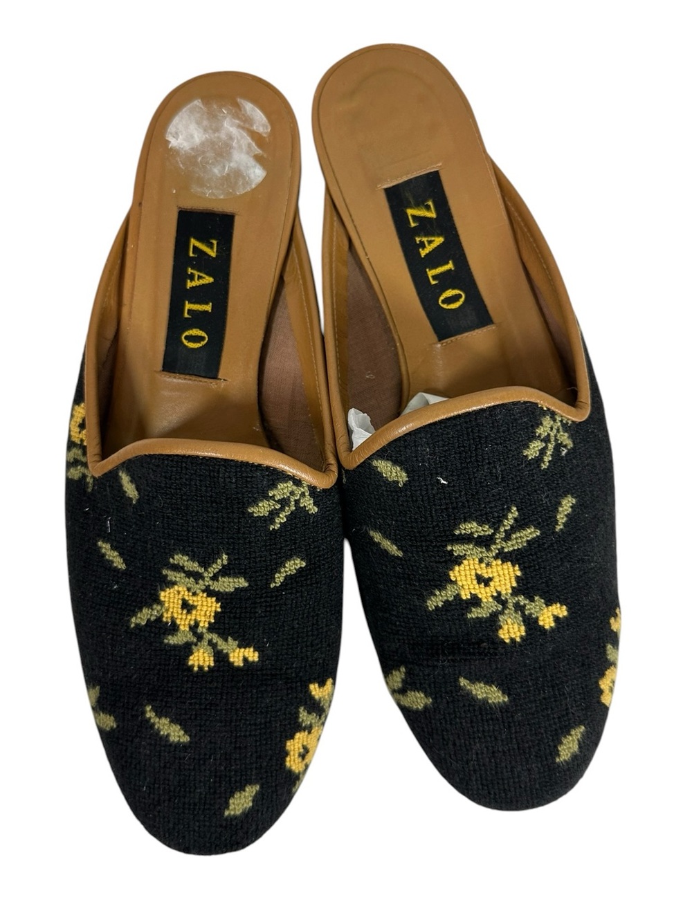 ZALO Women's 9.5 Black & Yellow Floral Fabric Stitched Mule Slip on Shoes
